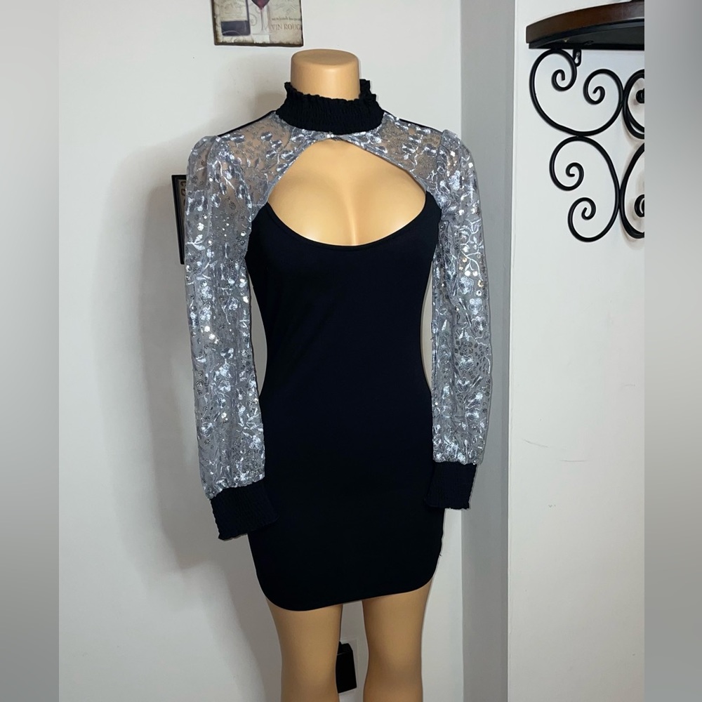 NWOT SEQUIN SILVER SLEEVE MINI DRESS, OPENING ON THE BACK SIZE S  | Max + Ash